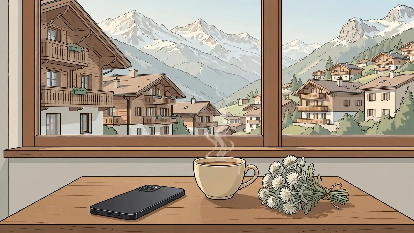 Smartphone auf einem Holztisch in einem Schweizer Alpencafé mit Kaffee und Edelweiß.