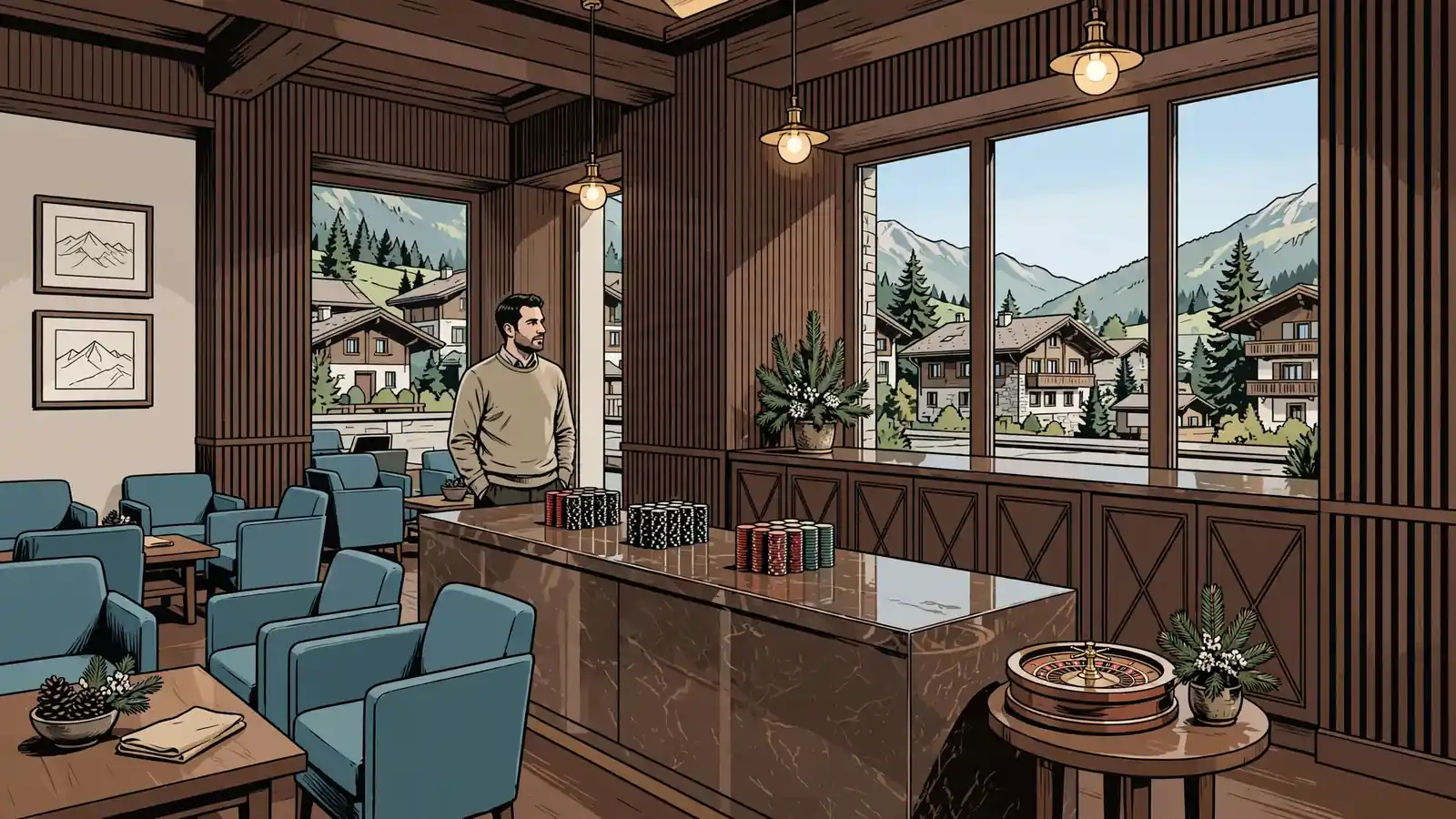 Modernes Schweizer Casino-Lobby-Interieur mit Chips und Roulette-Rad