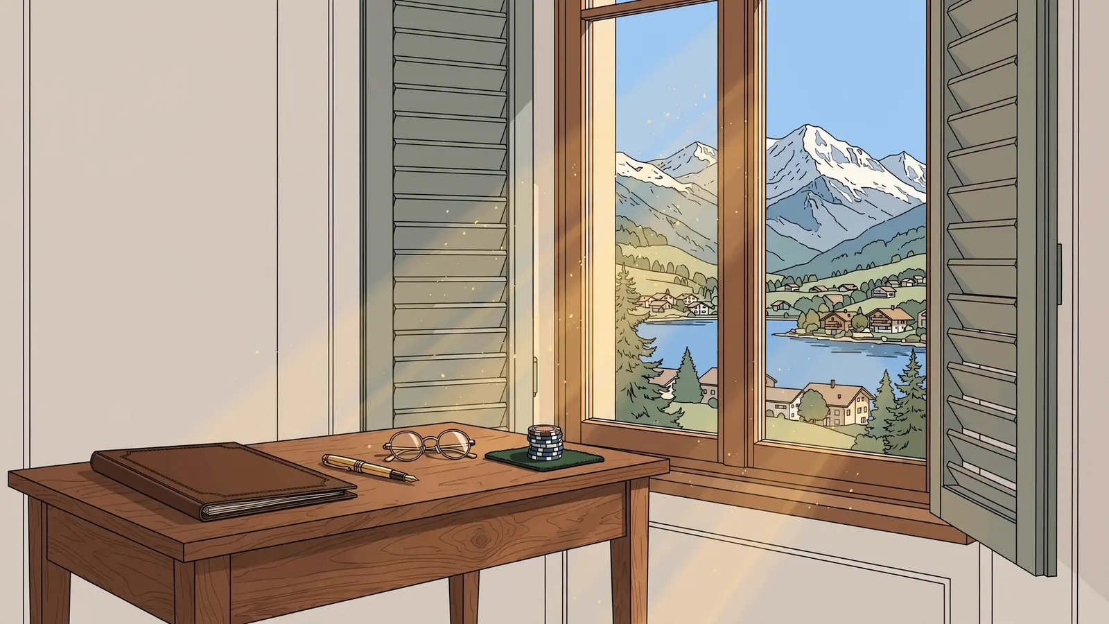 Schreibtisch mit Ledermappe, Füllfederhalter, Brille und Casino-Jetons vor Alpenfenster