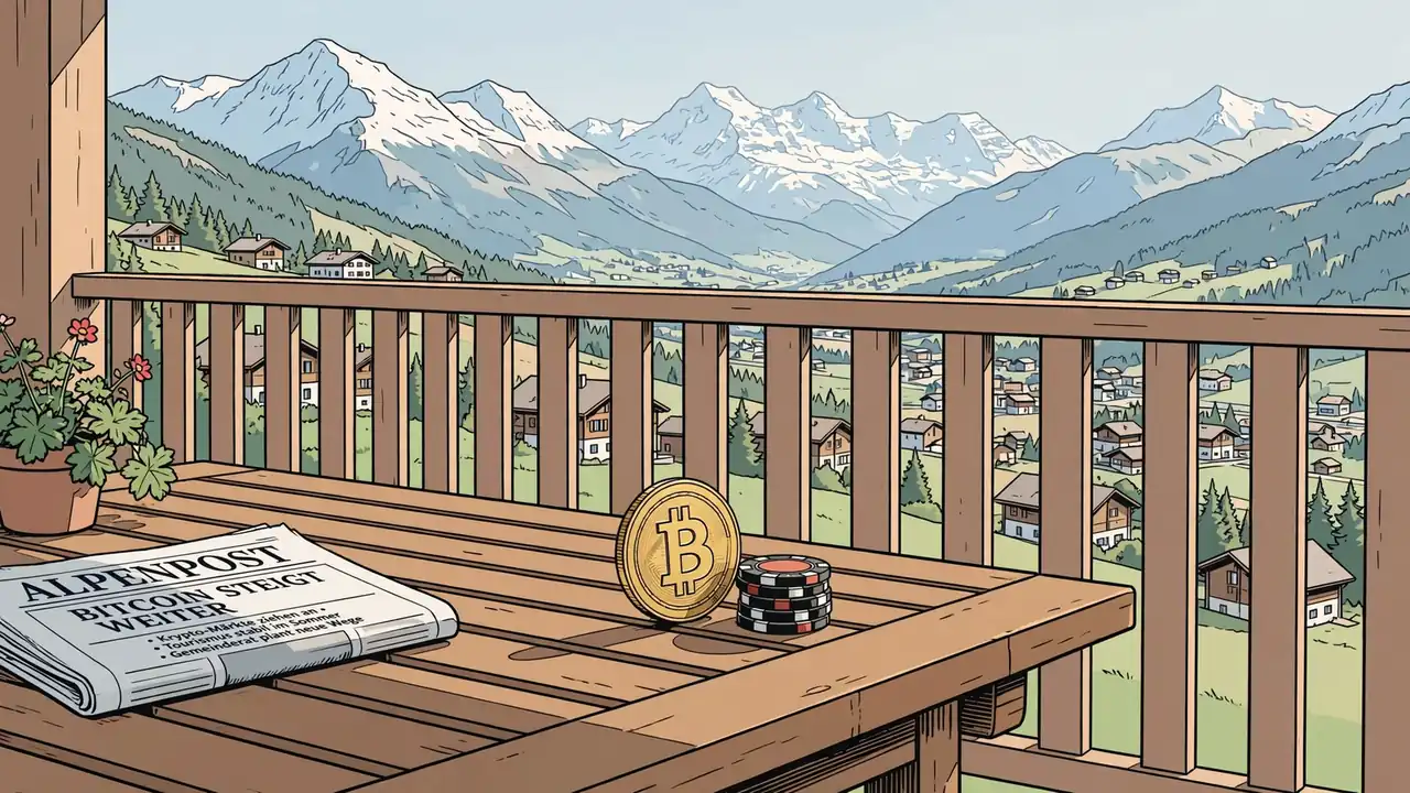 Bitcoin-Münze neben Casino-Chips auf einem Alpengarten-Balkon