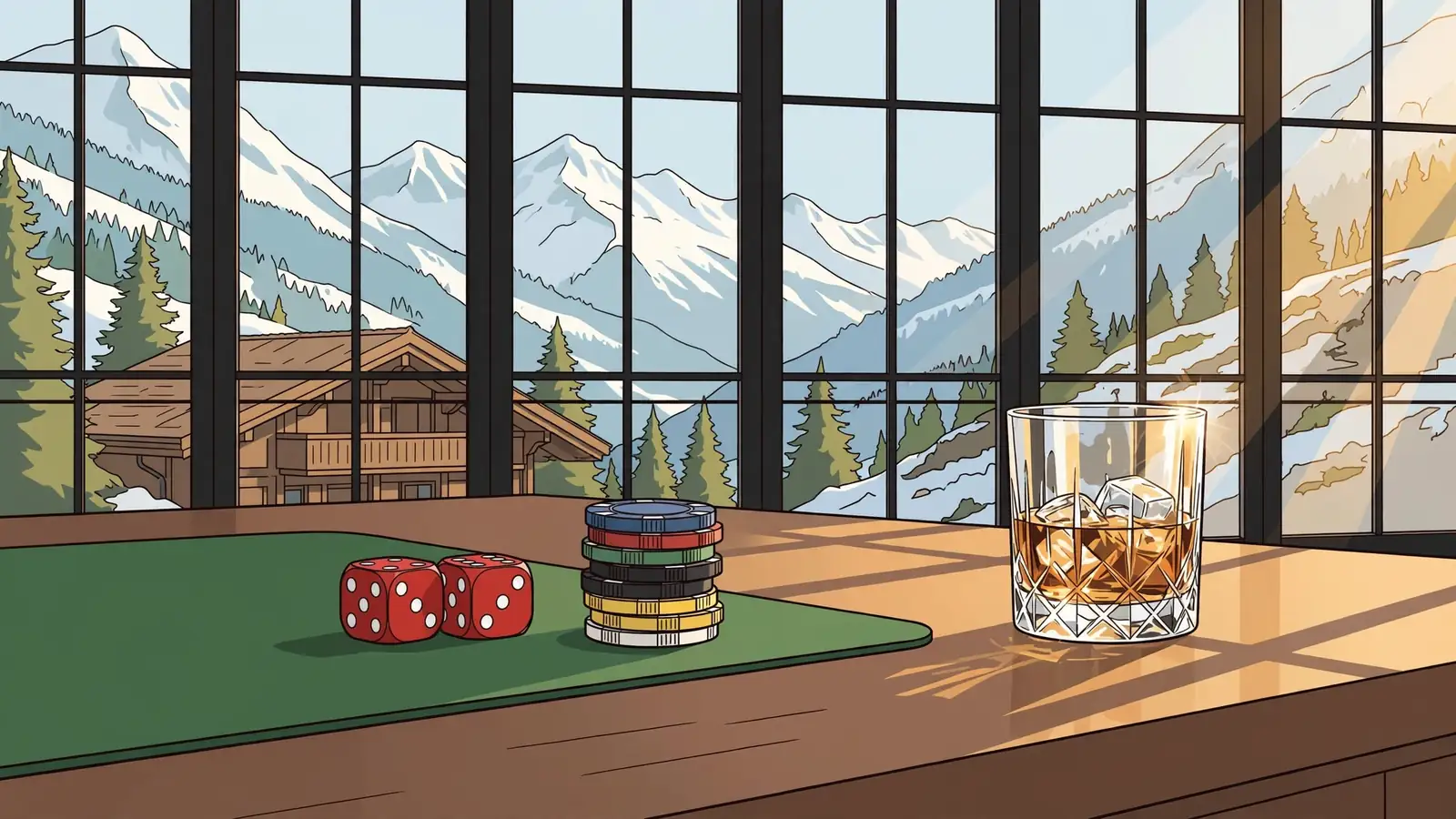 Rote Casino-Würfel und Spielchips mit verschneiten Schweizer Alpen im Hintergrund