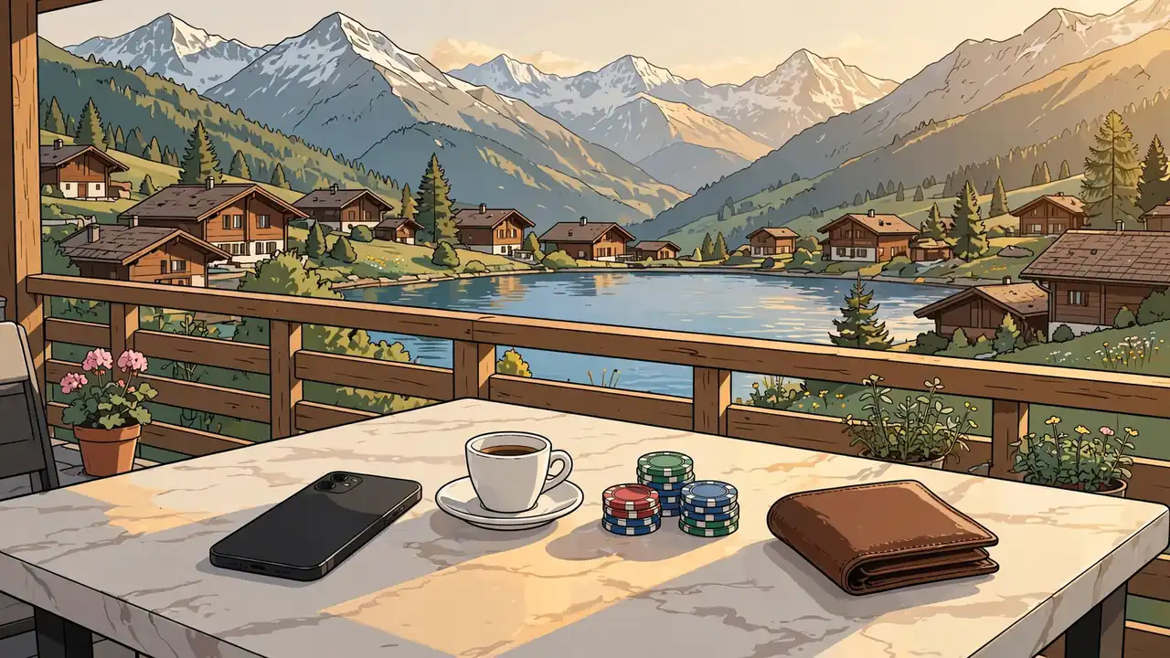 Schweizer Café-Terrasse mit Smartphone, Pokerchips und Alpenpanorama im Hintergrund.