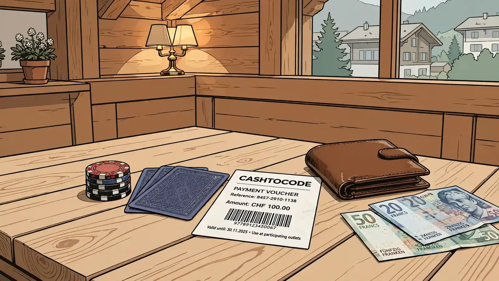 Casino-Chips und Cashtocode-Beleg auf einem Holztisch in einem gemütlichen Schweizer Zimmer.