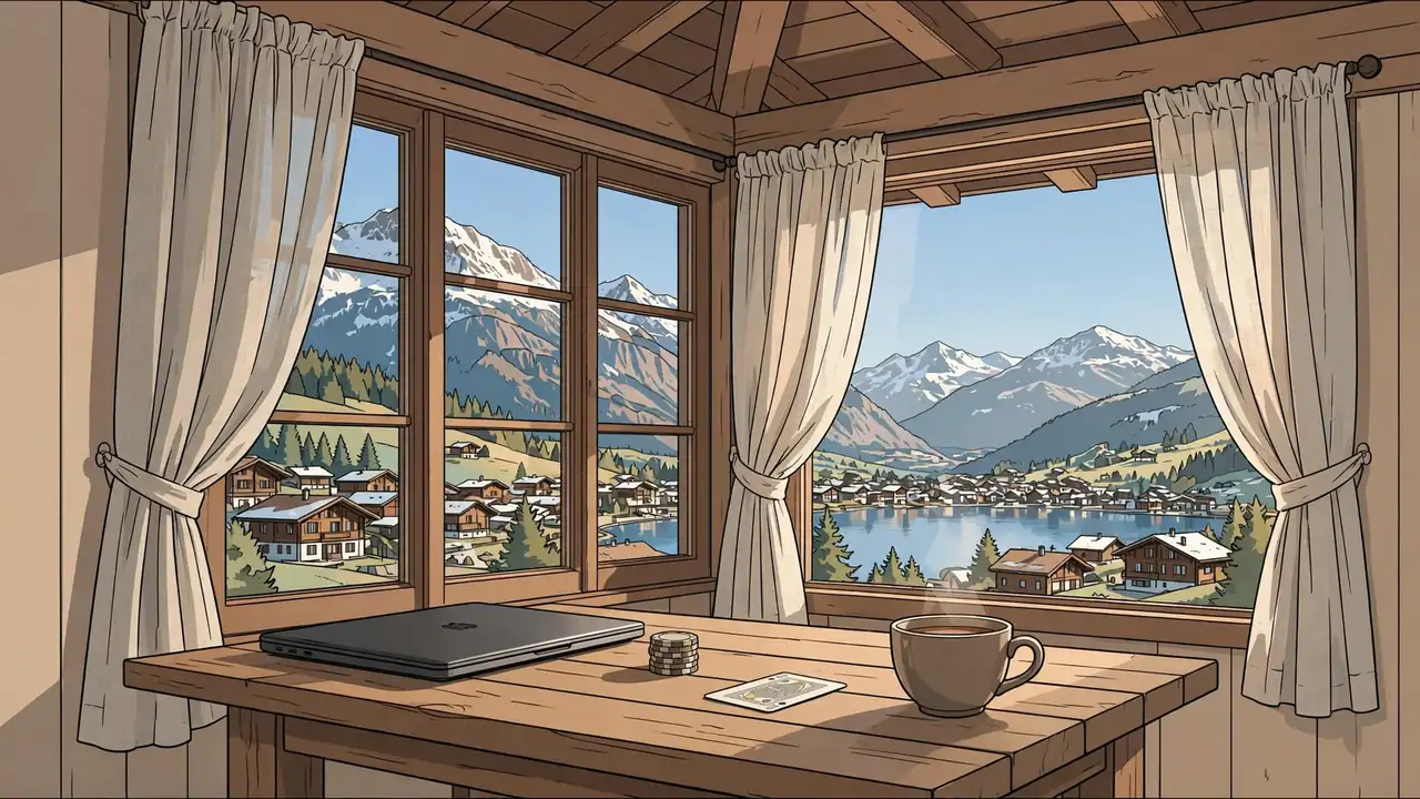 Holztisch mit Laptop, Casino-Chips und Spielkarte vor Schweizer Alpenpanorama