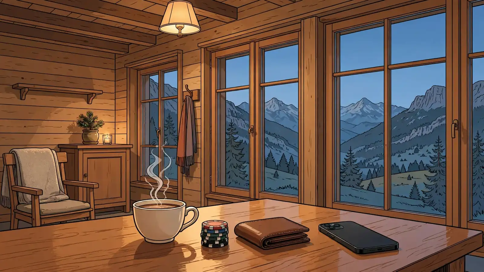 Schweizer Chalet-Lounge mit Smartphone, Casino-Chips und Bergblick bei Dämmerung