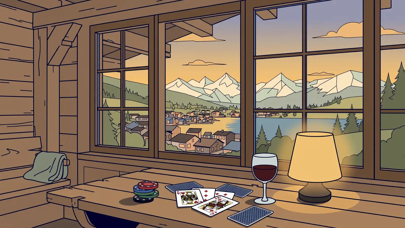 Schweizer Chalet mit Spielchips und Karten auf einem Holztisch