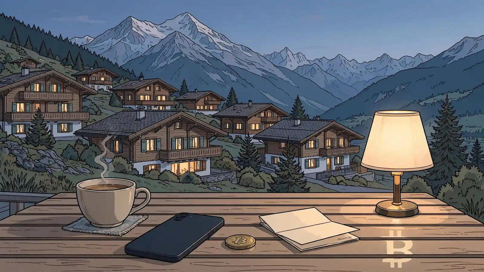 Schweizer Alpenstadt bei Dämmerung mit Holztisch, Smartphone und Krypto-Münze