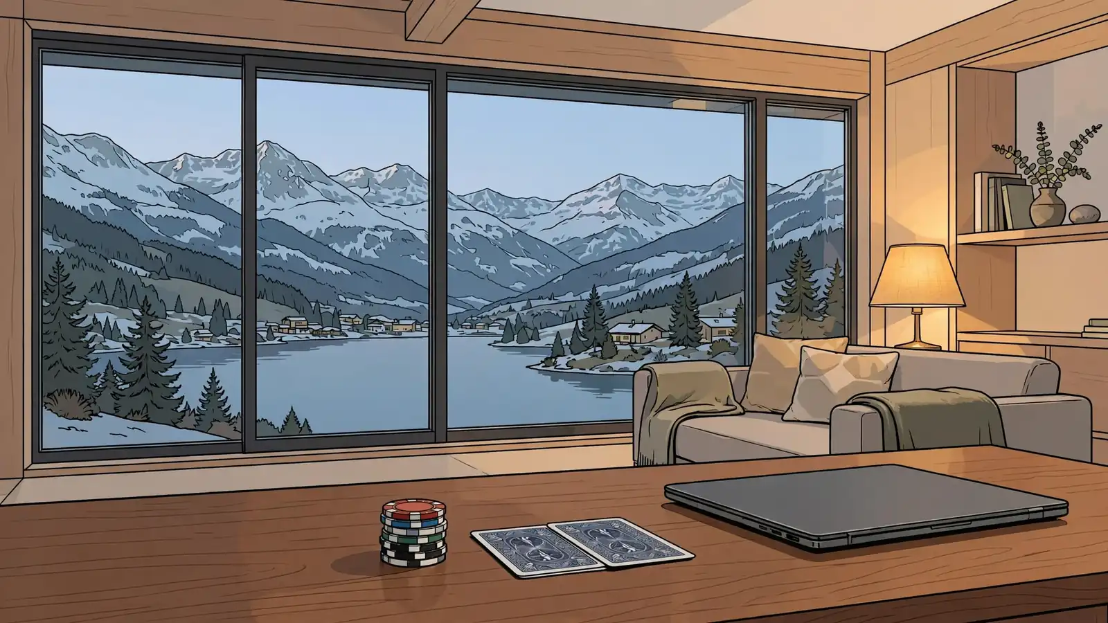 Schweizer Wohnzimmer mit Spielchips und Spielkarten auf Holztisch, Alpenblick durch Fenster.