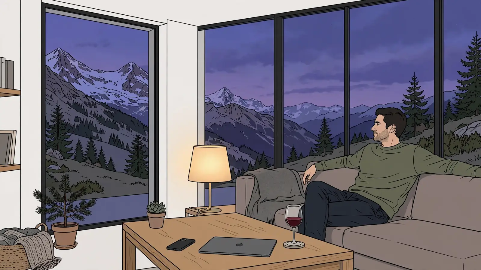 Entspannte Person in modernem Schweizer Wohnzimmer mit Alpenblick bei Dämmerung
