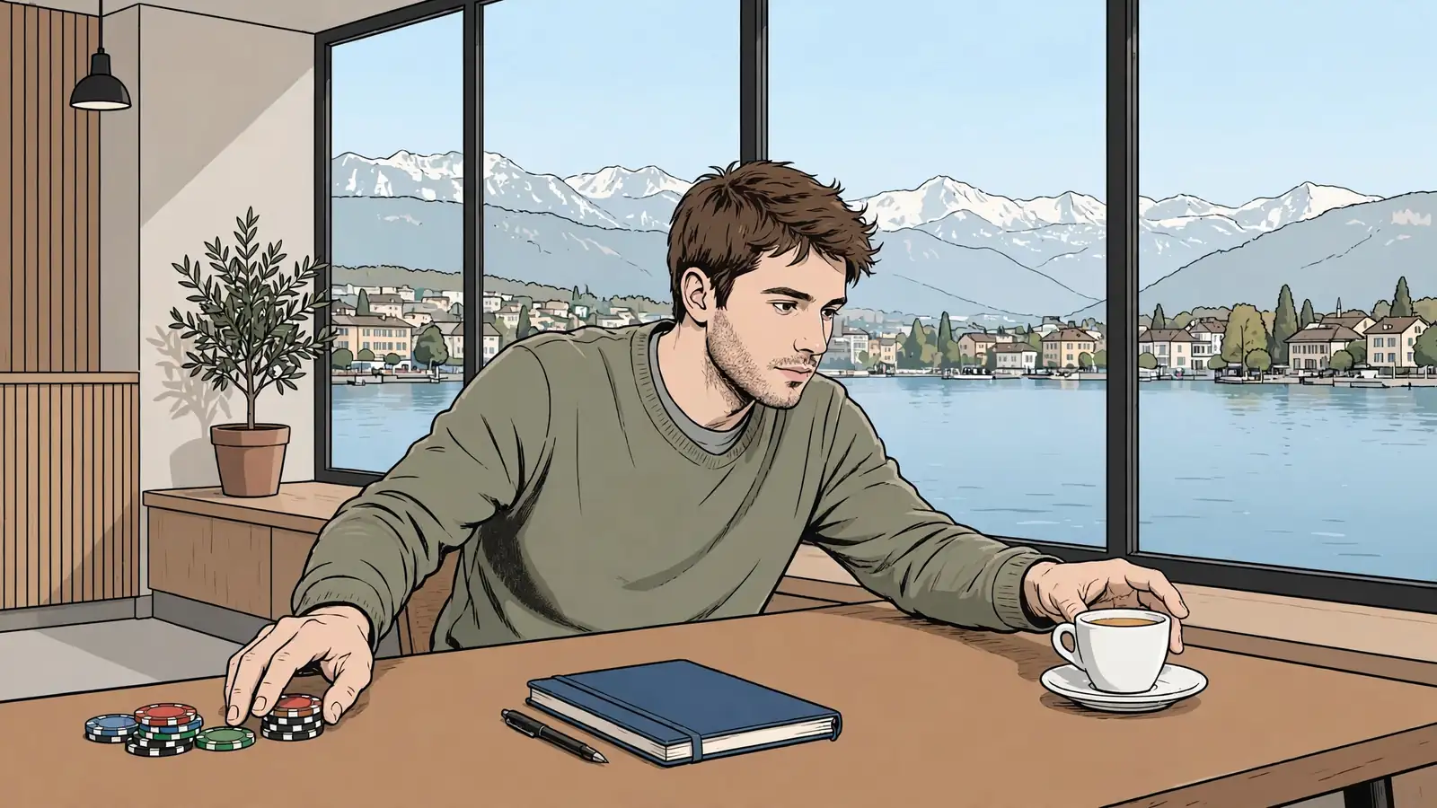Person schiebt Spielchips bewusst zur Seite in einem Schweizer Café mit Alpenblick.