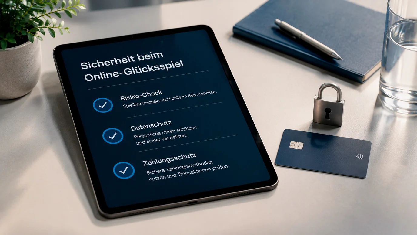 Checkliste zu Online-Risiken mit Zahlkarte, Schloss und ruhiger Warnmarkierung